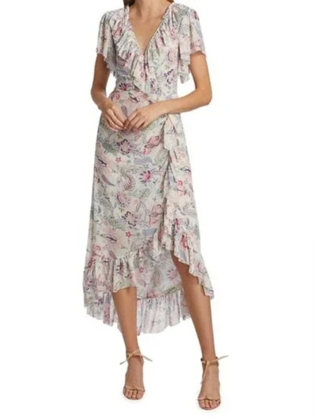 cinq a sept Floral Ruffle Midi Dress in Light Pink and Cream